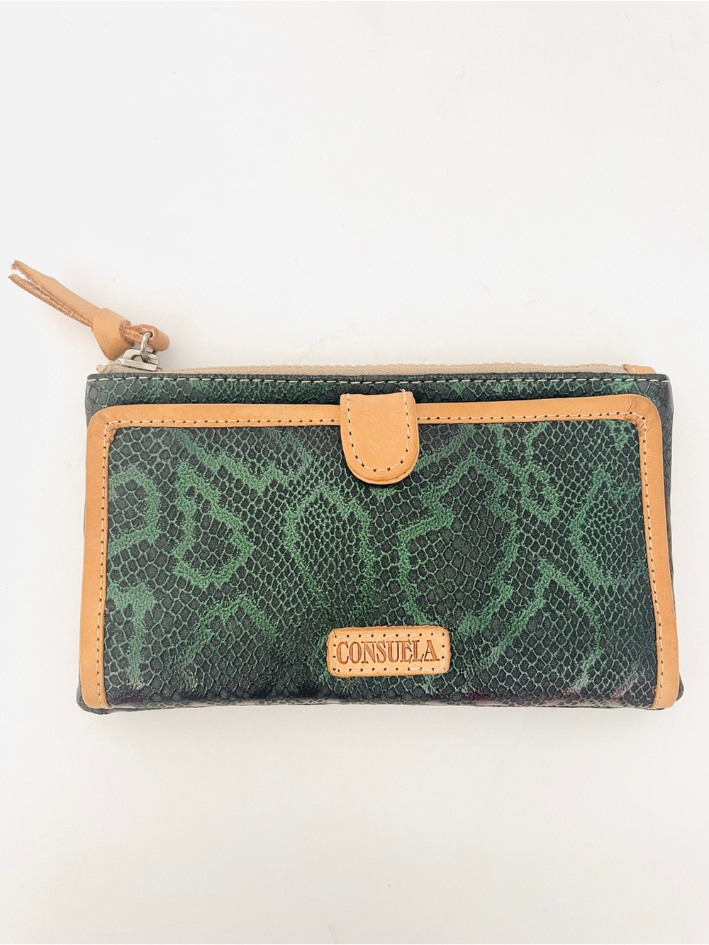Consuela Green Snake-Print Wallet with Tan Trim and Zip